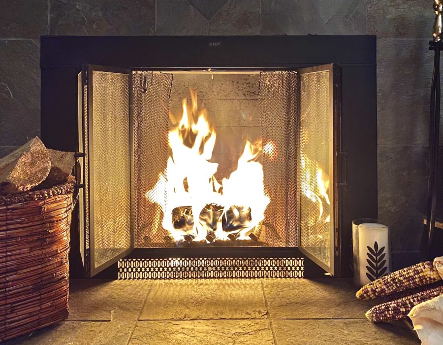 Perfect fireplace scene at home with roaring fire